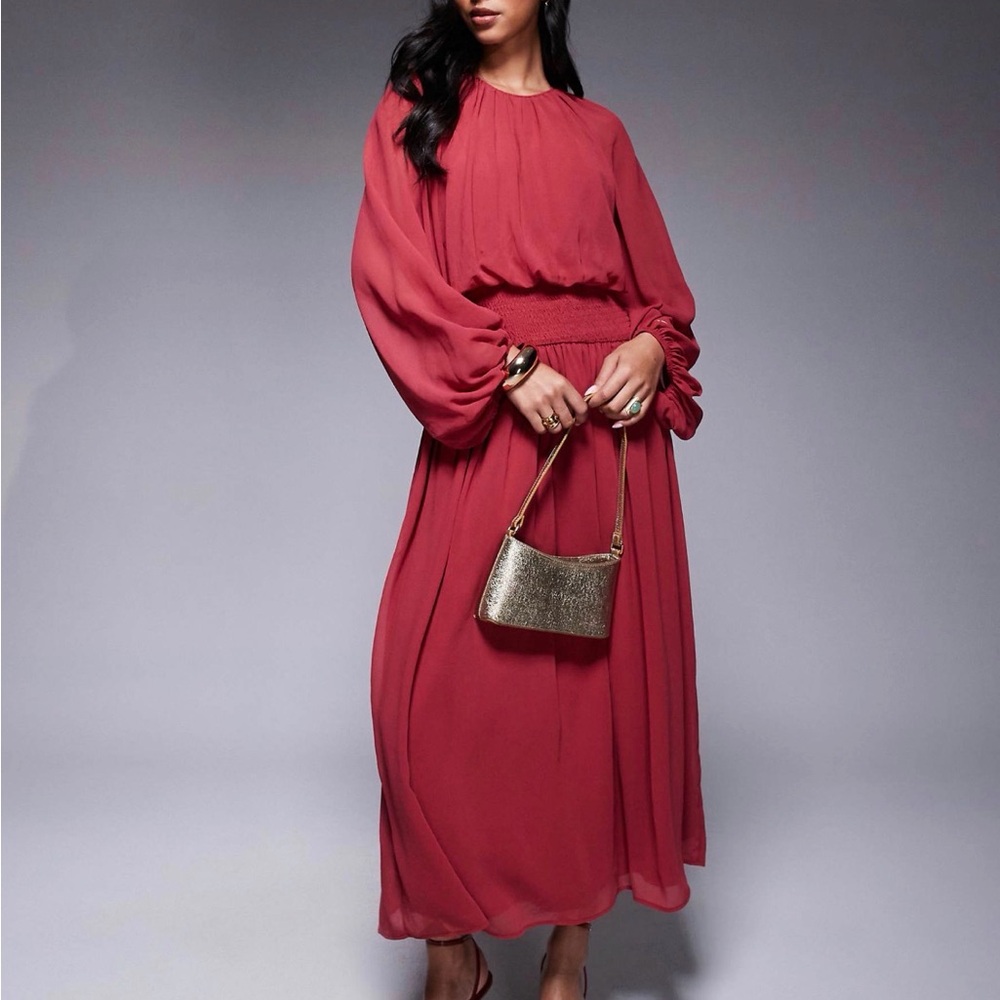 Elegant Red Chiffon Shirred Waist Maxi Dress